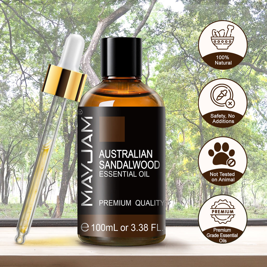 MAYJAM Australian Sandalwood Essential Oil for Diffuser and Aromatherapy, Skin Massage, Candle and Soap Making, 100ml