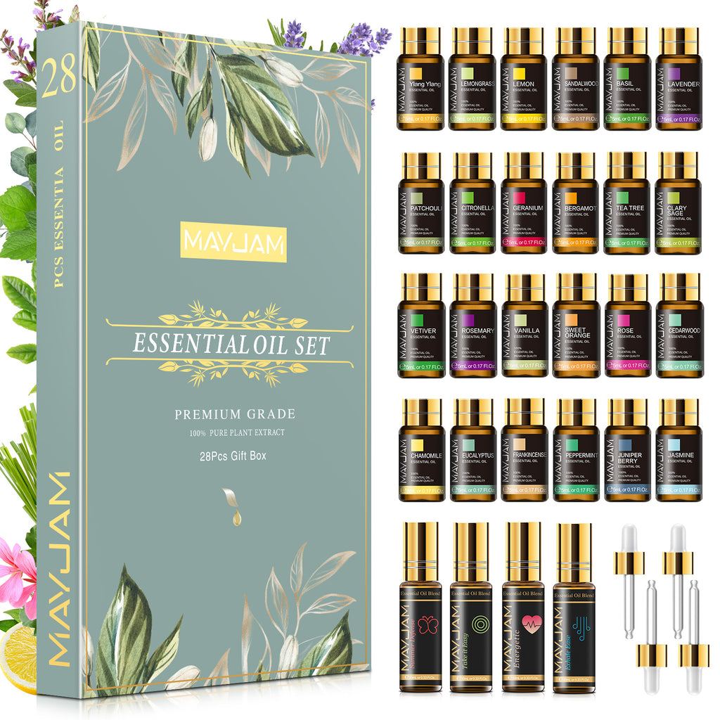 MAYJAM 28pcs Essential Oils Gift Set, Lavender, Jasmine, Organic Aromatherapy Essential Oils for Diffusers for Diffuser for Skin & Hair Care Relaxation, Humidifier