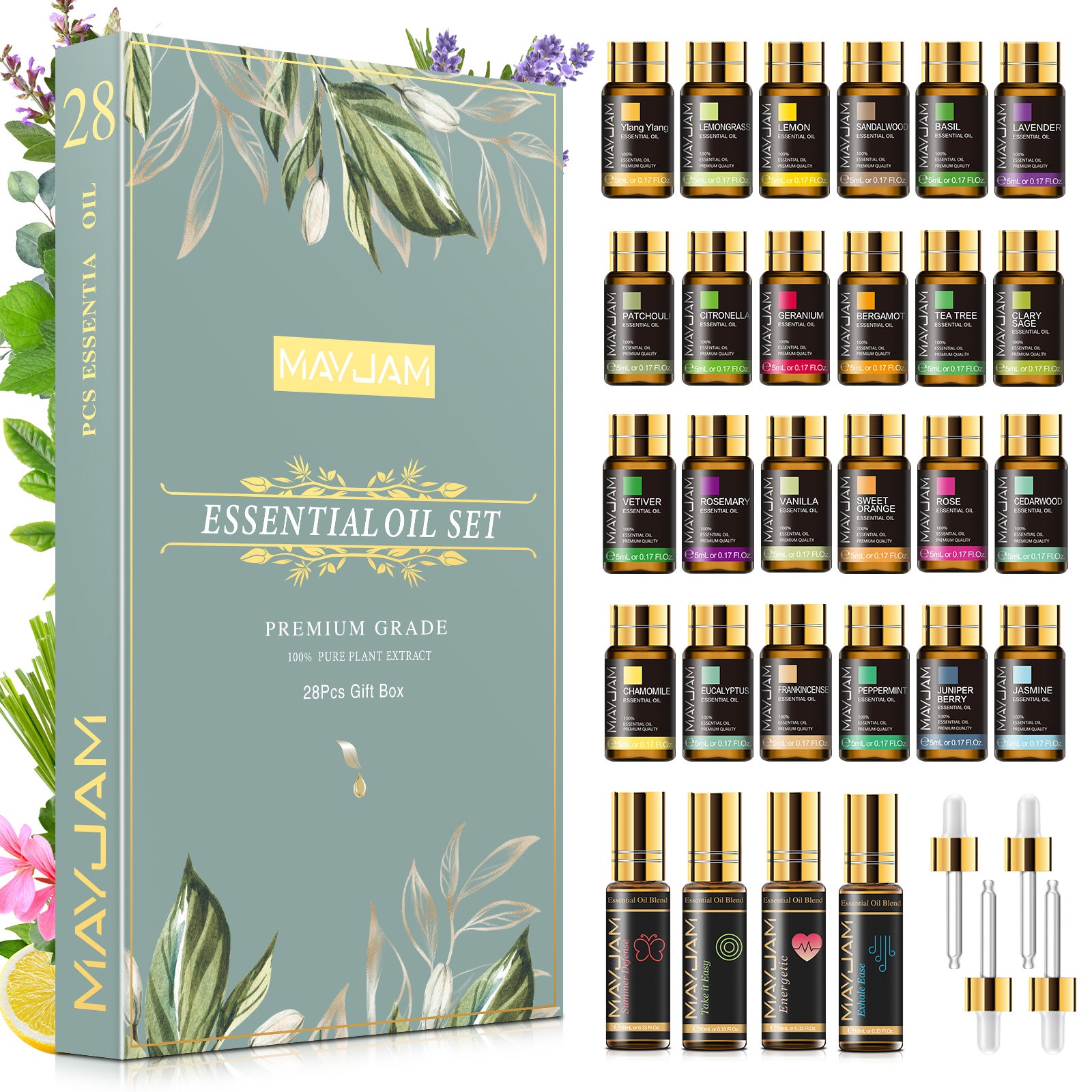 MAYJAM 28pcs Essential Oils Gift Set, Lavender, Jasmine, Organic Aromatherapy Essential Oils for Diffusers for Diffuser for Skin & Hair Care Relaxation, Humidifier