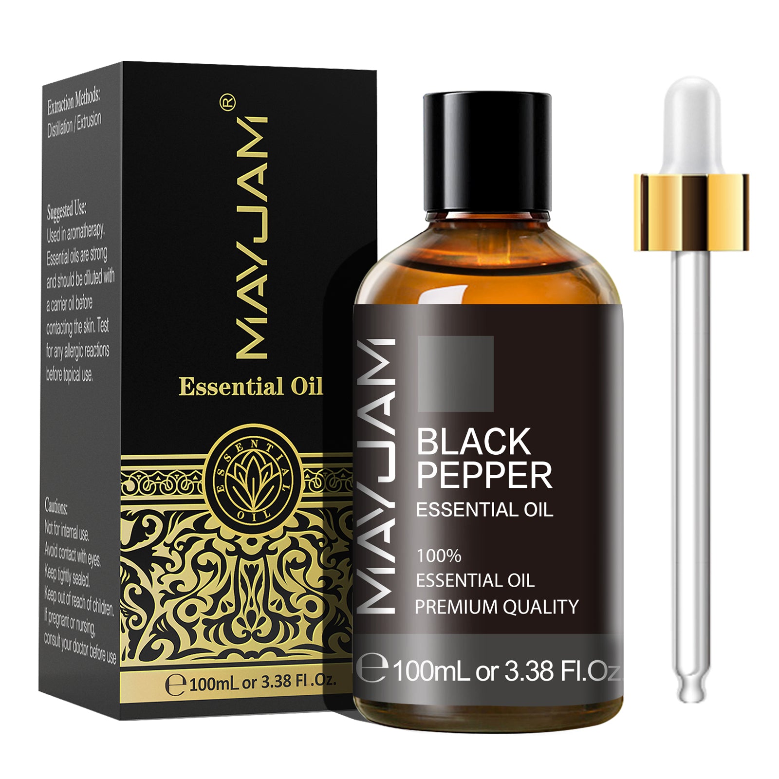 MAYJAM 100ML Black Pepper Essential Oil - 3.38 Fl Oz - 100% Pure and Natural - Premium Grade with Glass Dropper