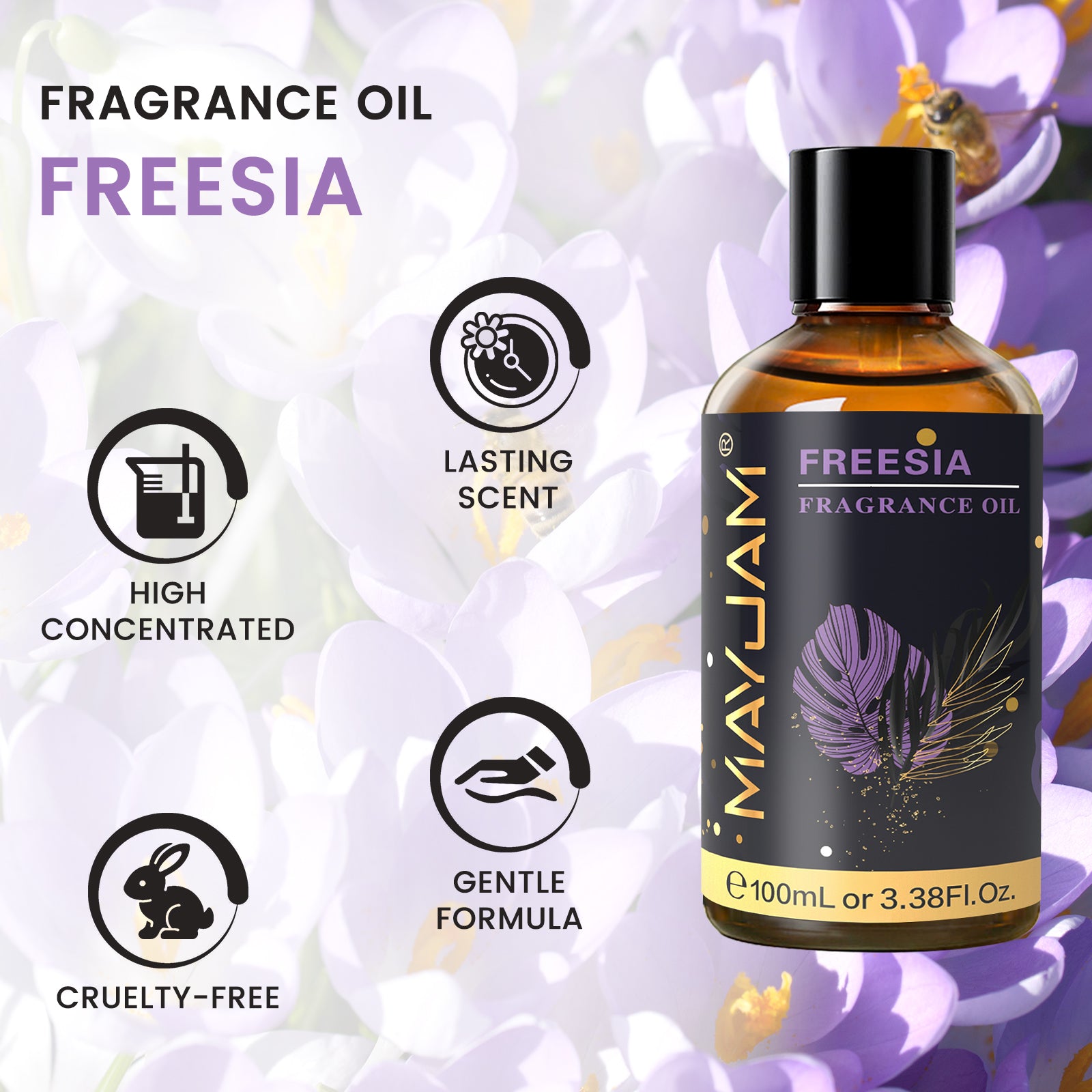 MAYJAM 100ML/3.38FL.OZ Freesia Fragrance Oils for Diffusers for Home, Long Lasting Scented Oils for Aromatherapy Diffusers, Skin Care, Bath, Relaxation, DIY Soap Candle Making