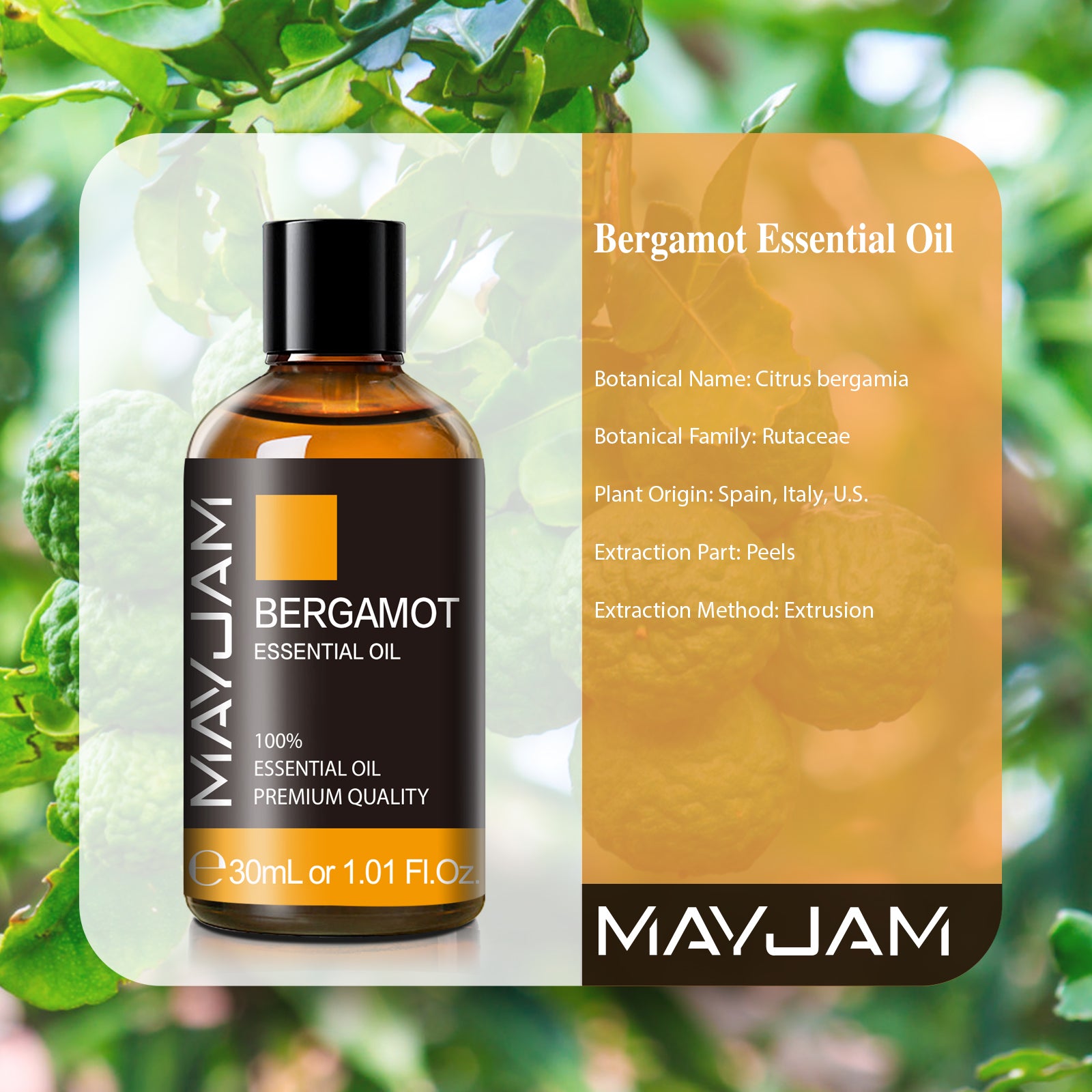 MAYJAM 30mL Premium Pure Bergamot Essential Oil, Large Volume for Diffusers Soap Candle Making, Ideal for Home Office Car Yoga Use