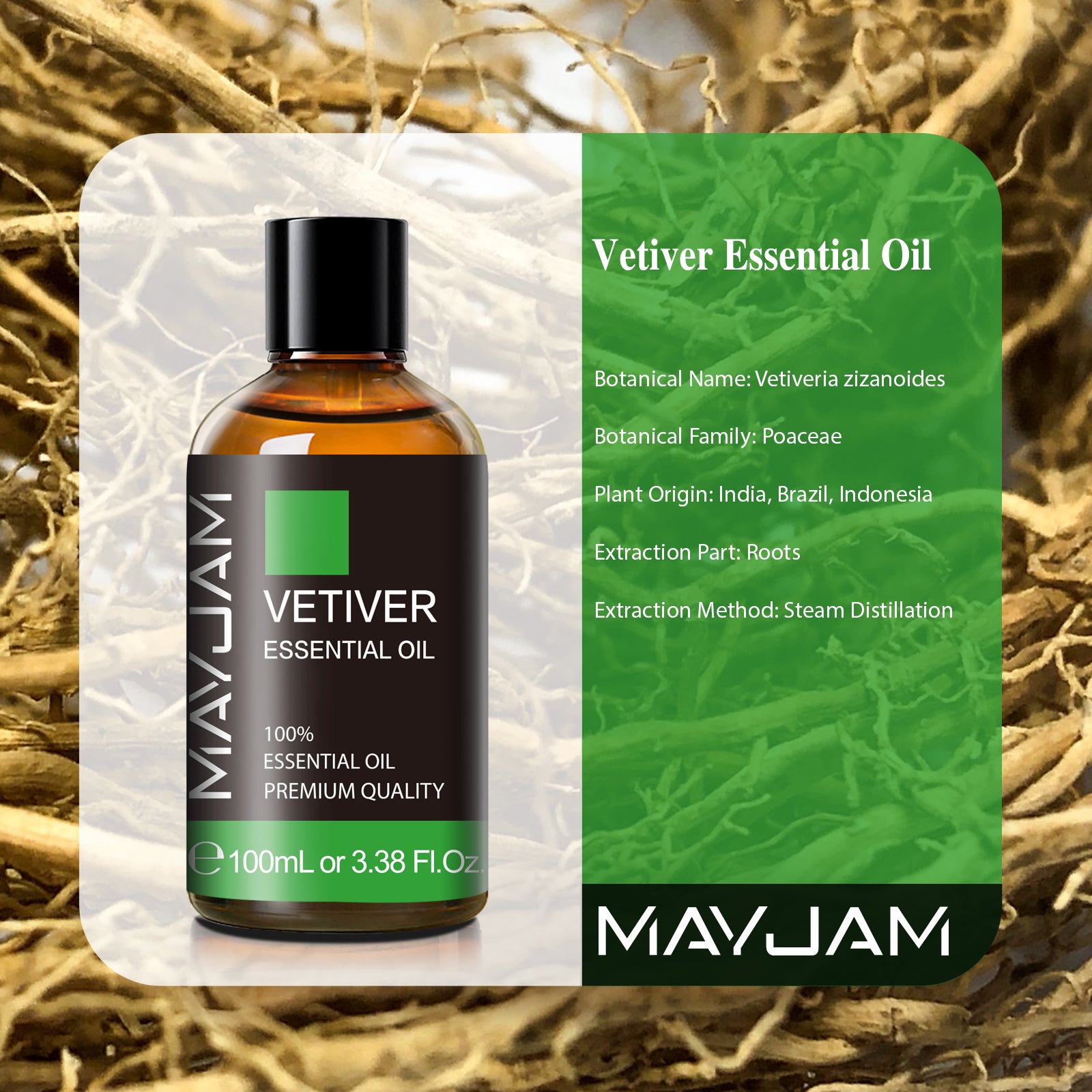 MAYJAM Vetiver Essential Oils, 100ML Vetiver Oils for Diffusers, Humidifiers, DIY Candles, Soap Making, Bath, Scent for Home, Yoga & Spa