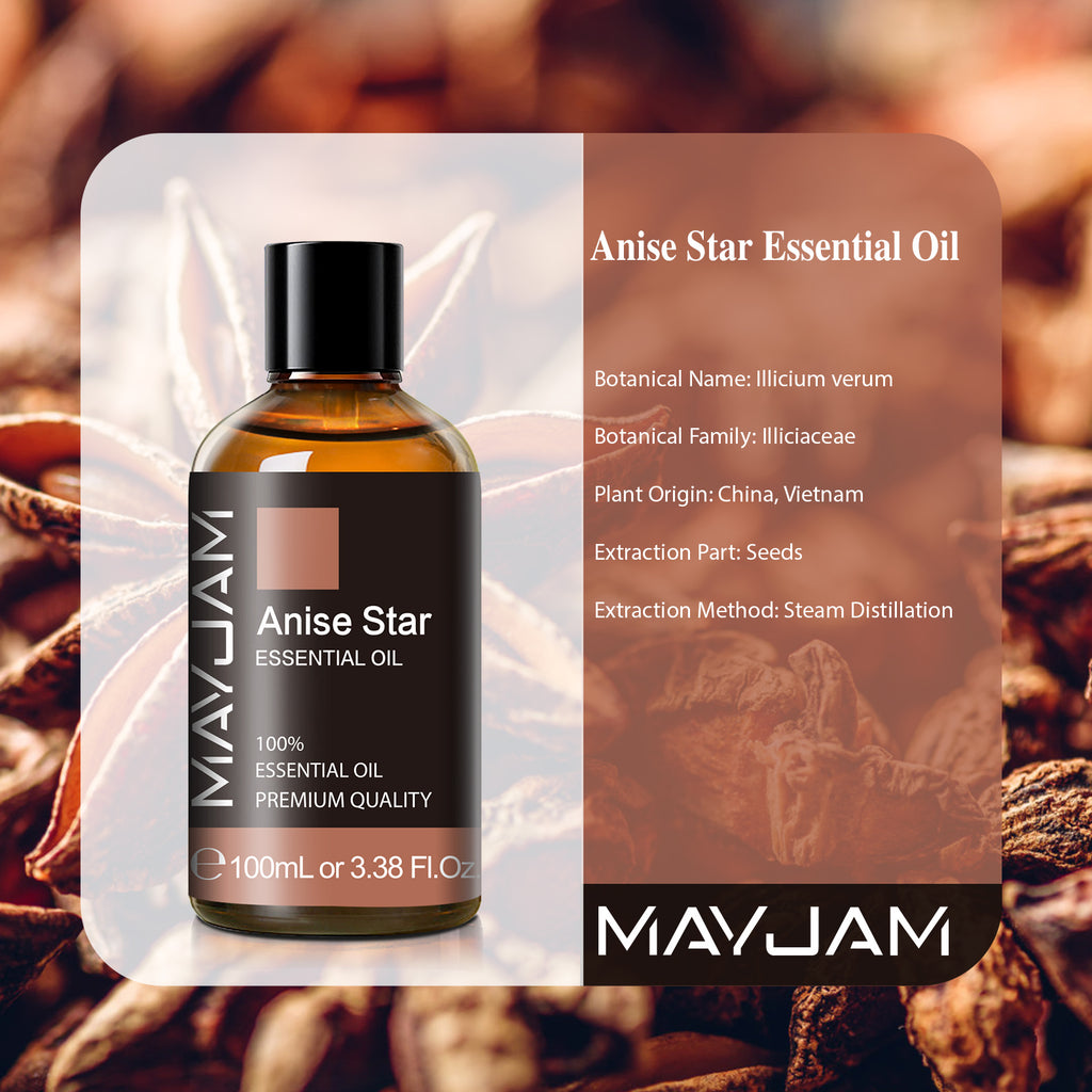 MAYJAM 3.38FL.OZ/100ML Anise Star Essential Oils for Candle Soap Making, Aromatherapy Diffusers, Skin Care, Massage, Bath, Relaxation
