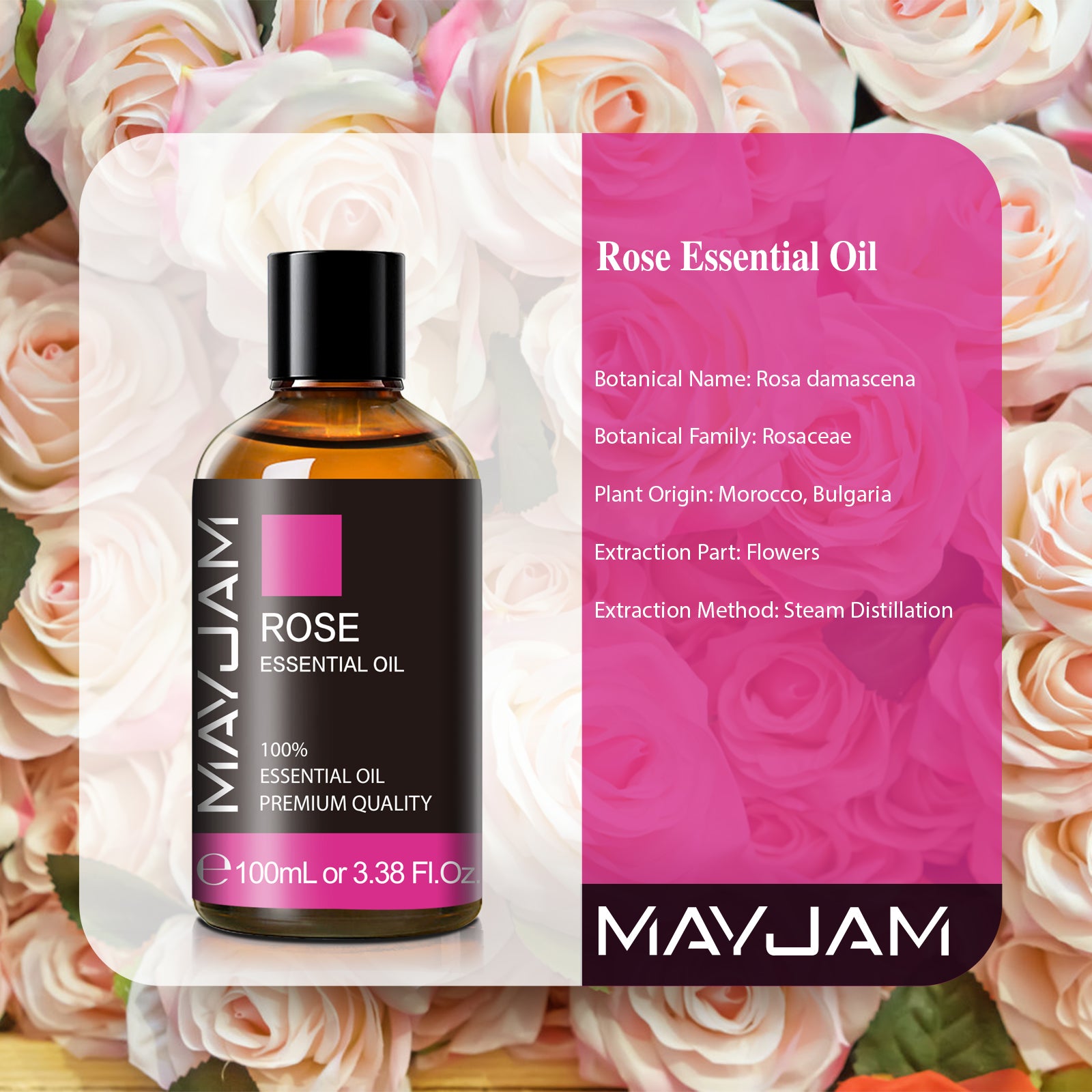 MAYJAM 100mL Pure Rose Essential Oil, Rose Oil for Bath, Diffuser, Skin, Hair, Humidifier, Perfume