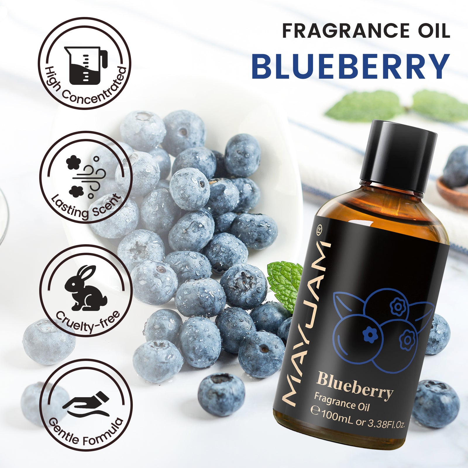 MAYJAM 100ML/3.38FL.OZ Blueberry Fragrance Oils for Diffusers for Home, Long Lasting Scented Oils for Aromatherapy Diffusers, Skin Care, Bath, Relaxation, DIY Soap Candle Making