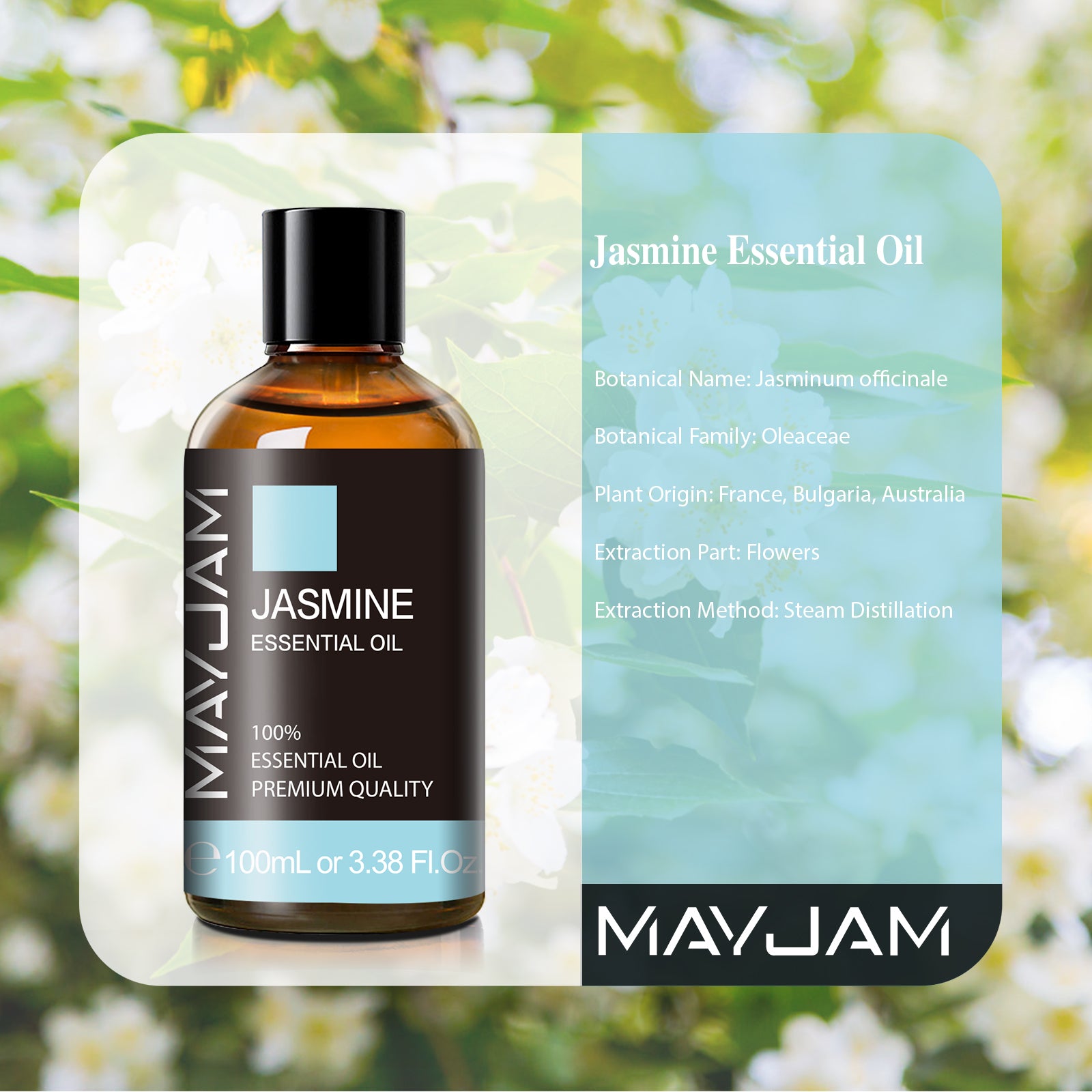 MAYJAM Pure Essential Oil, Jasmine, 100ML, Therapeutic Grade, for use with Oil Diffusers, Potpourri, and Wicking Fragrance Diffusers