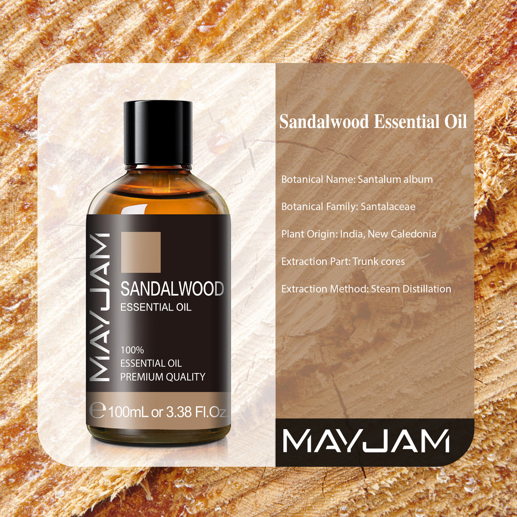 MAYJAM 100ML Sandalwood Essential Oils, 3.38FL.OZ Pure Essential Oils Perfect for Aromatherapy Diffuser, Skin Care, Yoga, DIY Candle and Soap Making