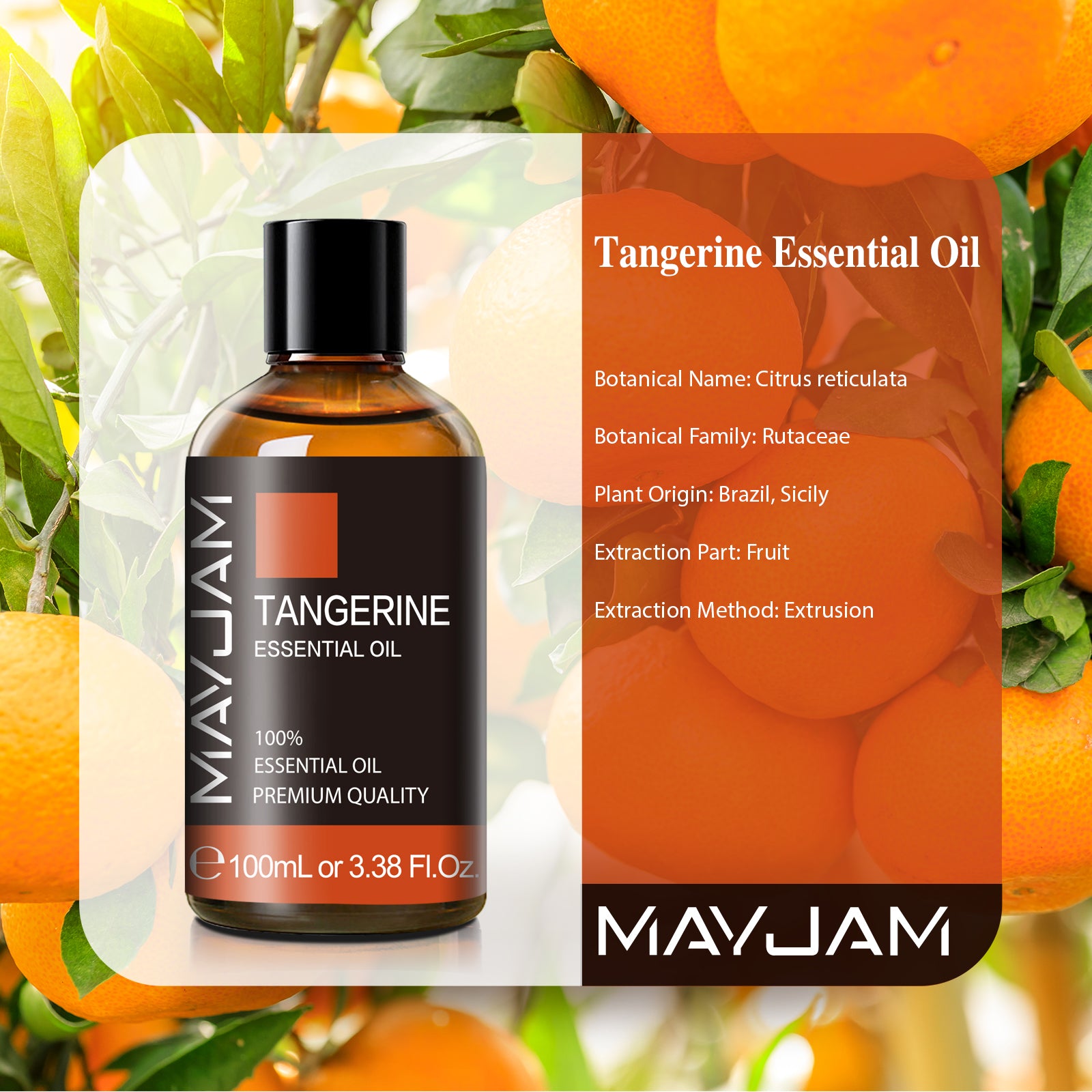 MAYJAM 100ML Tangerine Essential Oil for Skin, 100% Natural Essential Oils for Diffuser, Hair, Face, Skin Care, Aromatherapy, Massage, Candle Making