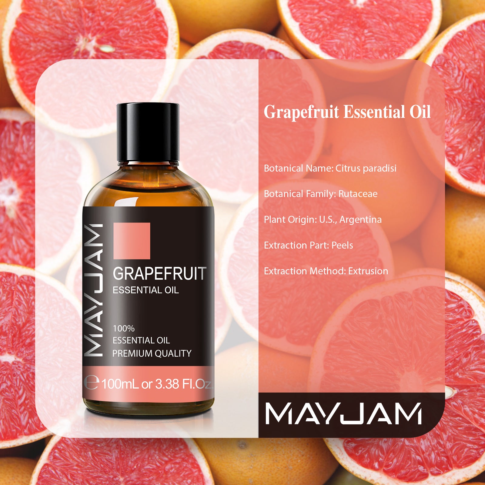 MAYJAM 100% Pure Grapefruit Essential Oil for Emotion, Stress, Diffuser and Aromatherapy, and DIY Soap Making 3.38 Fl Oz