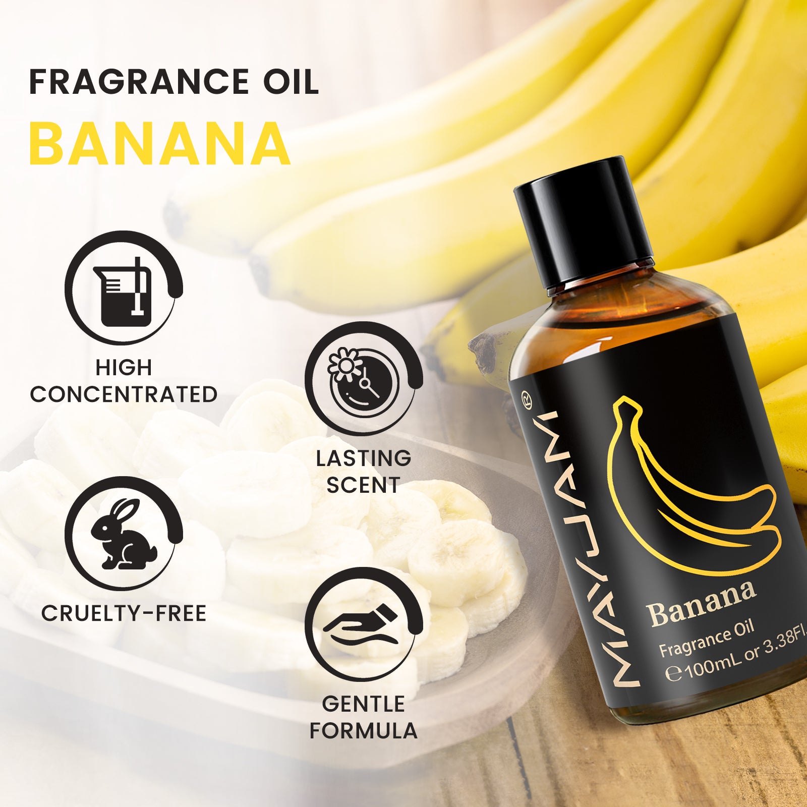 MAYJAM 100ML/3.38FL.OZ Banana Fragrance Oils for Diffusers for Home, Aromatherapy Diffusers, Relaxation, DIY Soap Candle Making