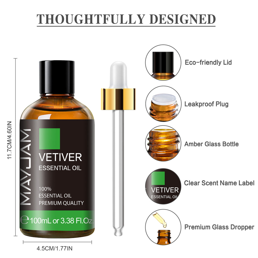 MAYJAM Vetiver Essential Oils, 100ML Vetiver Oils for Diffusers, Humidifiers, DIY Candles, Soap Making, Bath, Scent for Home, Yoga & Spa