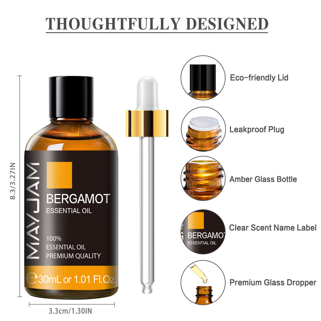 MAYJAM 30mL Premium Pure Bergamot Essential Oil, Large Volume for Diffusers Soap Candle Making, Ideal for Home Office Car Yoga Use