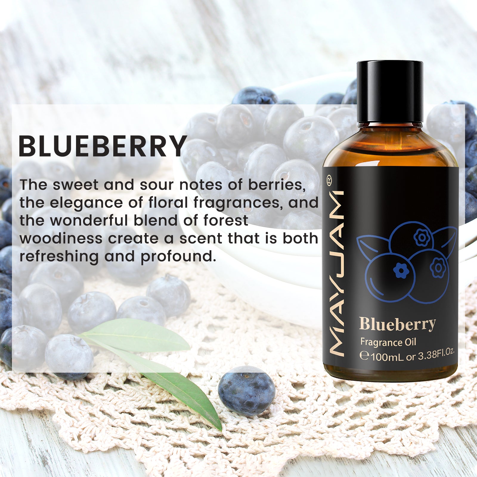 MAYJAM 100ML/3.38FL.OZ Blueberry Fragrance Oils for Diffusers for Home, Long Lasting Scented Oils for Aromatherapy Diffusers, Skin Care, Bath, Relaxation, DIY Soap Candle Making