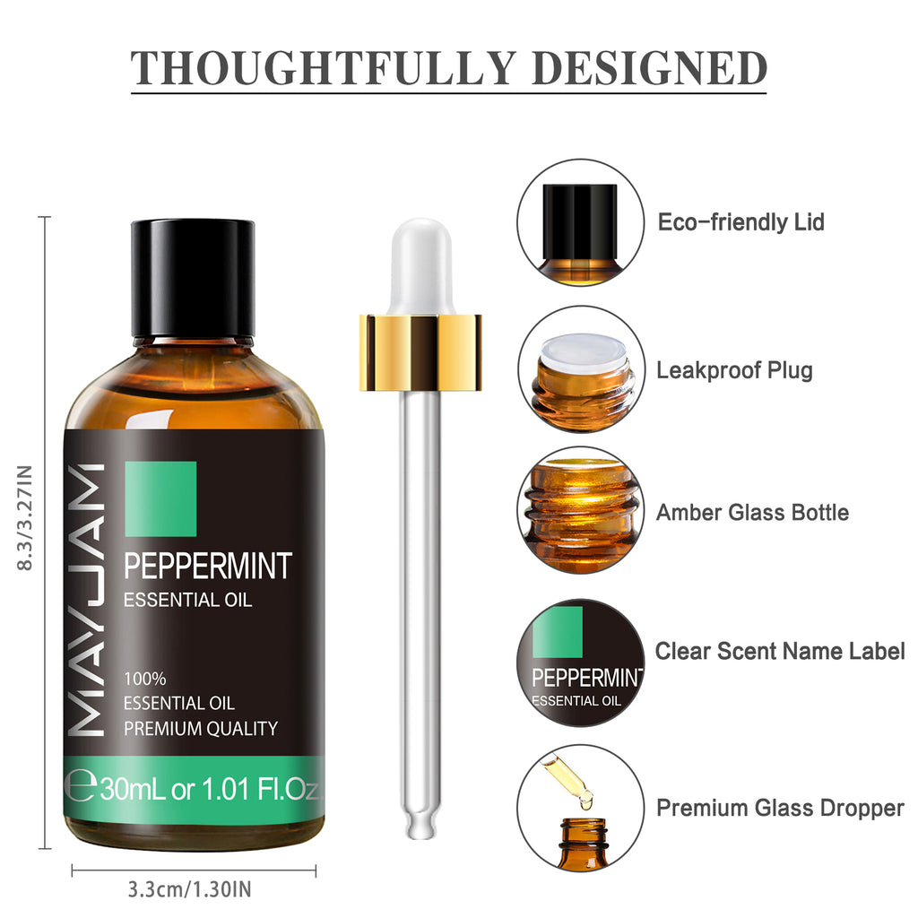 MAYJAM Peppermint Essential Oil - 1.01 Fl Oz - 100% Pure and Natural - Premium Grade with Glass Dropper