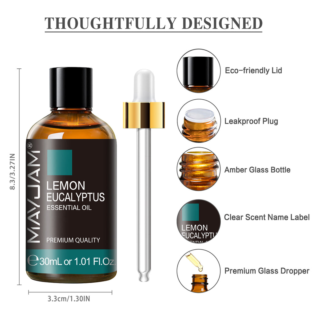 MAYJAM Lemon Eucalyptus Essential Oil 1.01 Fl Oz, 100% Natural Oil for Hair, Face, Skin Care, Diffuser, Aromatherapy, Scalp, Body Massage, Soap and Candle Making