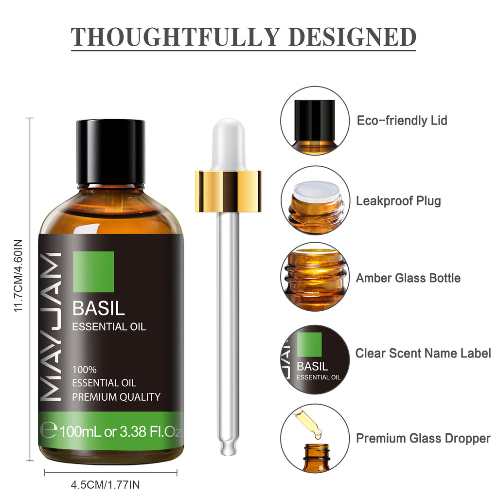 MAYJAM Pure Basil Essential Oil, 100ML, Therapeutic Grade, for use with Oil Diffusers, Potpourri, and Wicking Fragrance Diffusers