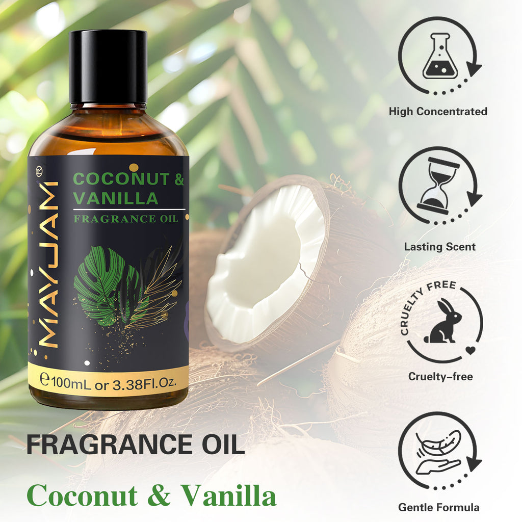 MAYJAM 100ML/3.38FL.OZ Coconut & Vanilla Fragrance Oils for Diffusers for Home, Long Lasting Scented Oils for aromatherapy, Massage, Bath, Relaxation, Soap Candle Making