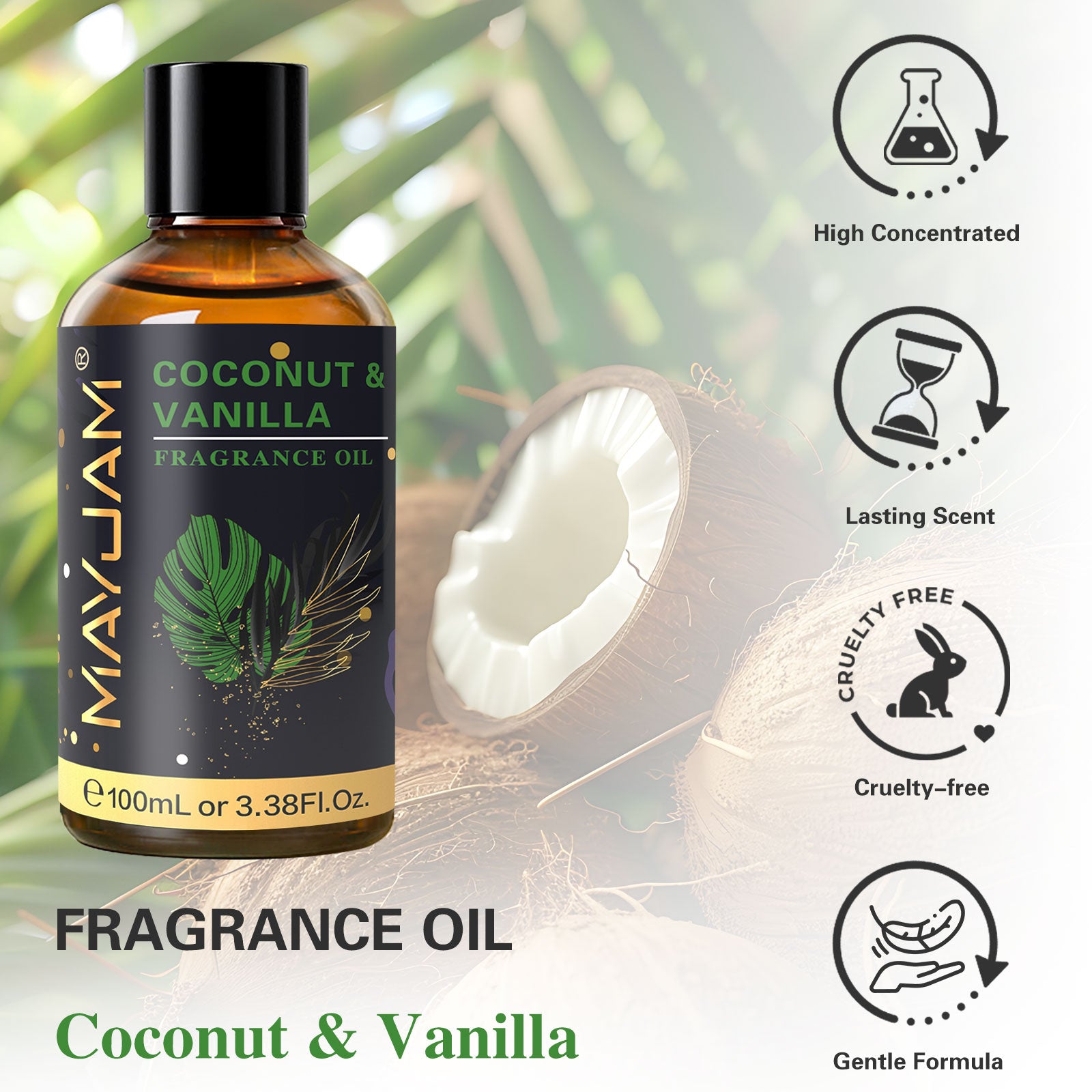 MAYJAM 100ML/3.38FL.OZ Coconut & Vanilla Fragrance Oils for Diffusers for Home, Long Lasting Scented Oils for aromatherapy, Massage, Bath, Relaxation, Soap Candle Making