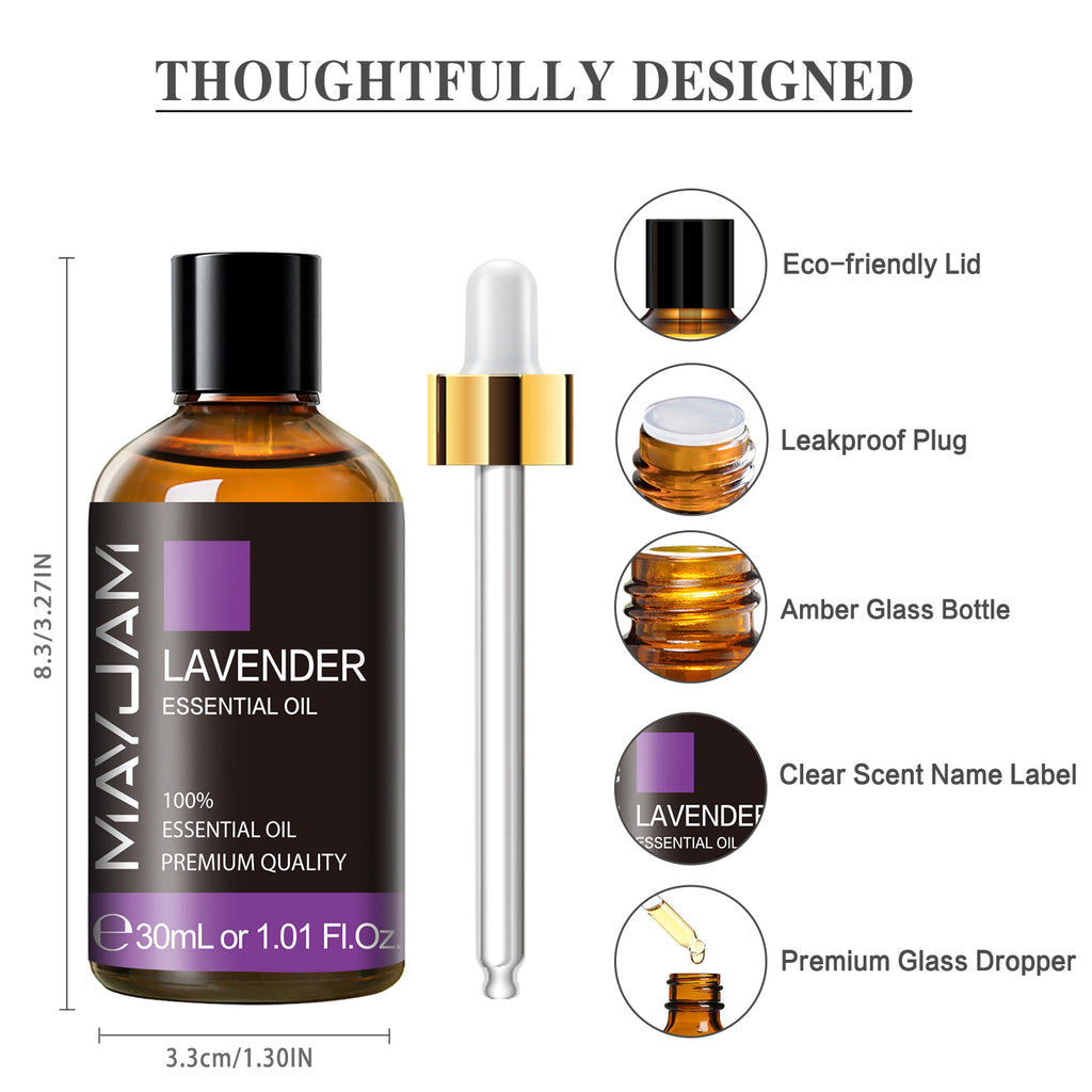 MAYJAM Lavender Essential Oil - 1.01 Fl Oz - 100% Pure and Natural - Premium Grade with Glass Dropper