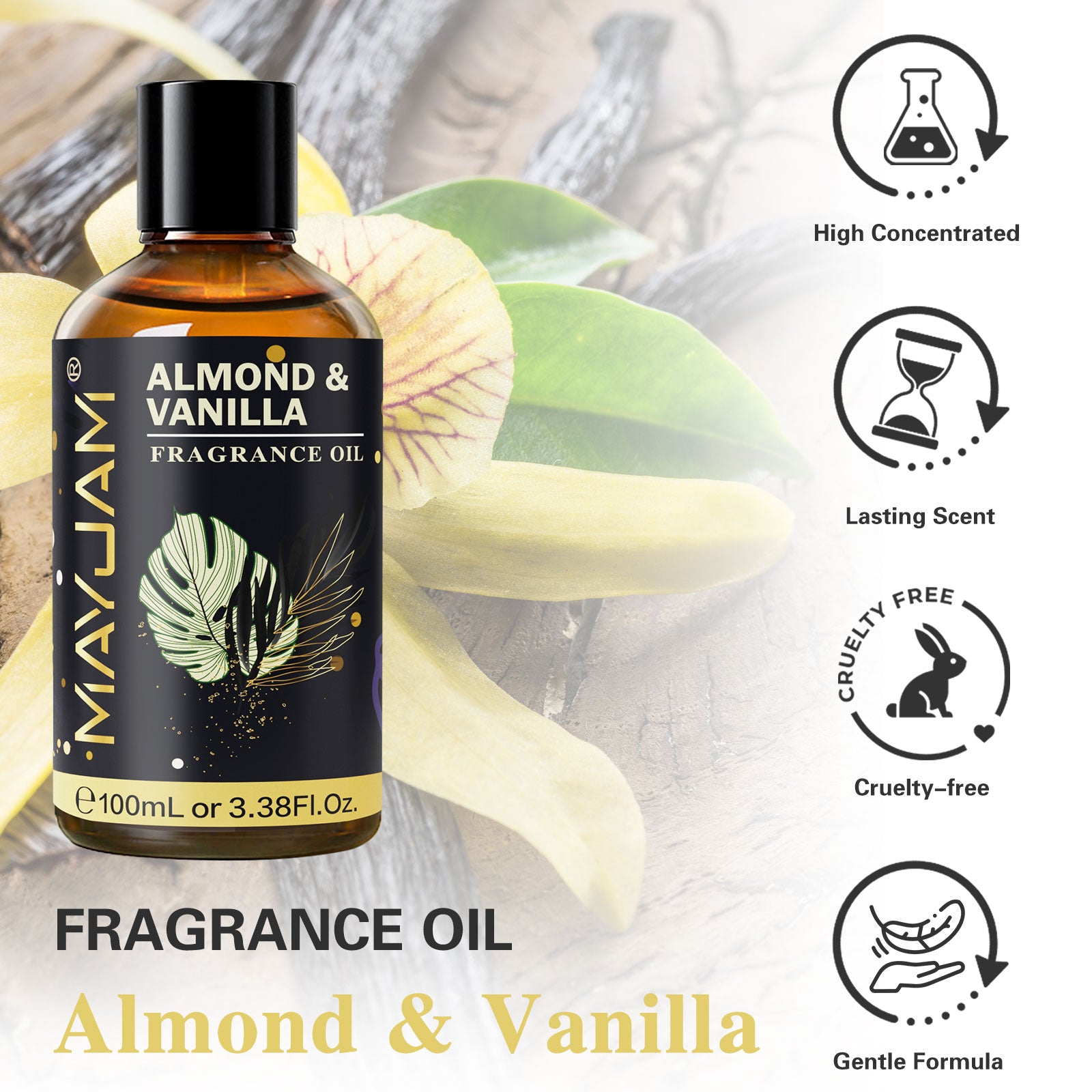 MAYJAM Almond & Vanilla Fragrance Oil (100ml) For Diffusers, Soap Making, Candles, Lotion, Home Scents, Linen Spray, Bath Bombs, Perfume