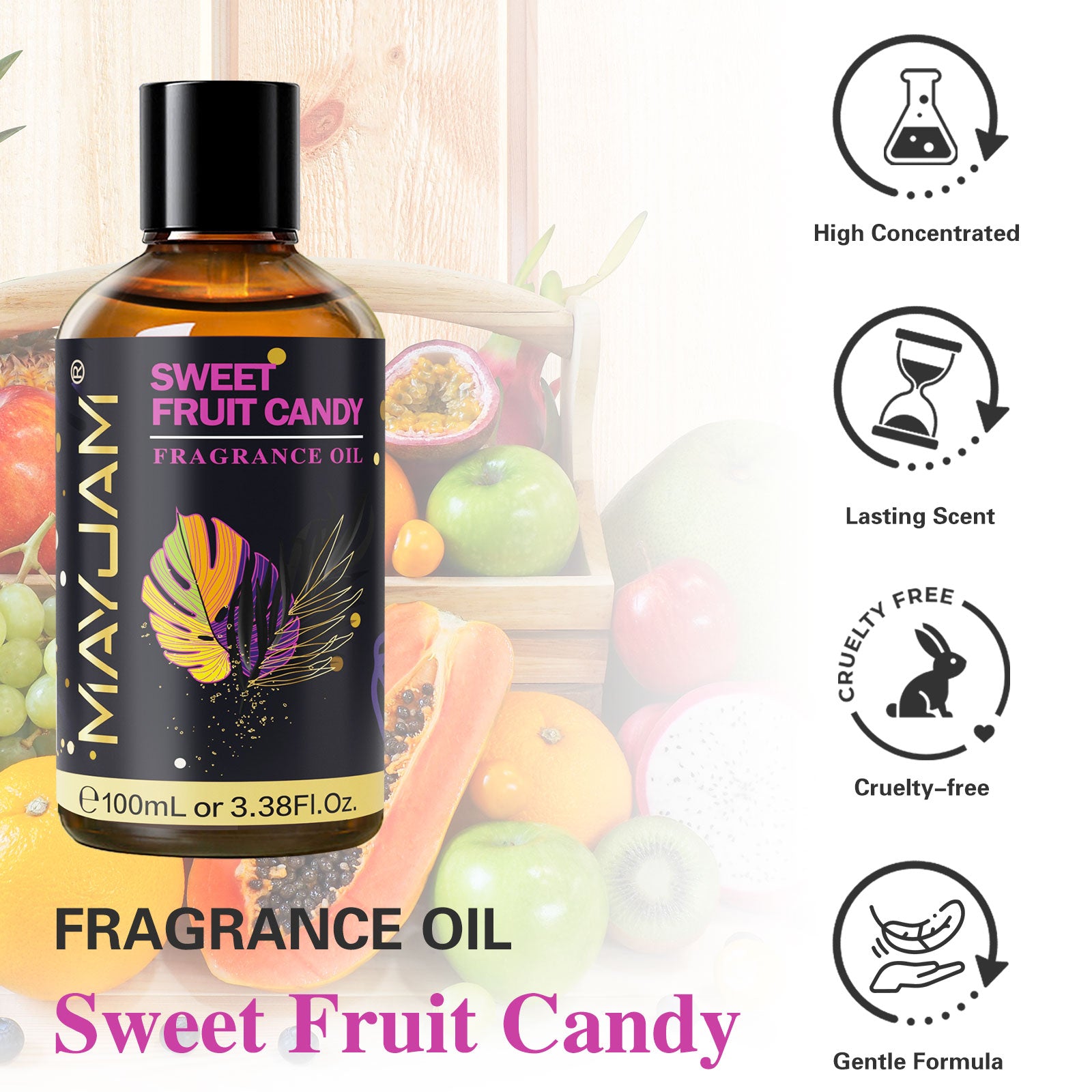 MAYJAM 3.38 Fl Oz Candy Fragrance Oil for Diffusers for Home, Sweet Scent, Perfect for Perfume Making, Soap & Candle Making, Long-Lasting - Sweet Fruit Candy