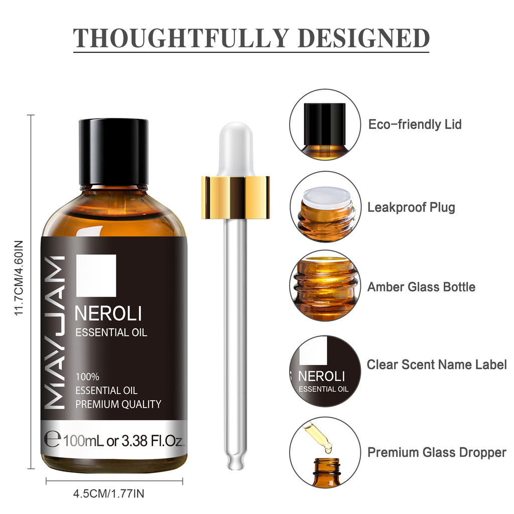 MAYJAM Neroli Essential Oil 3.38 Fl Oz, Pure Natural Neroli Oil for Skin, Diffuser, Sleep, Massage, Perfume, Candle, DIY Soap Making Scents