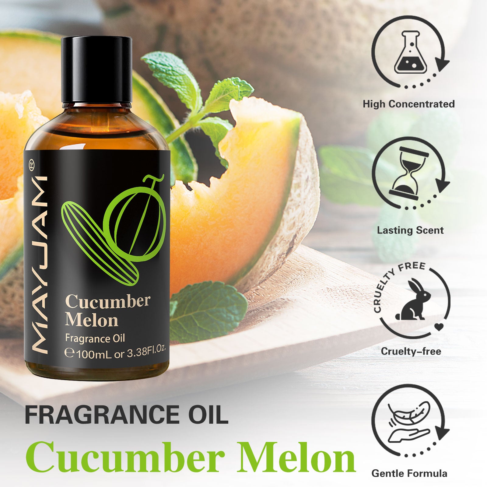 MAYJAM 100ML/3.38FL.OZ Cucumber Melon Essential Oil - Candle Making, Diffuser, Soap, Perfume, Bath and Body Formulations