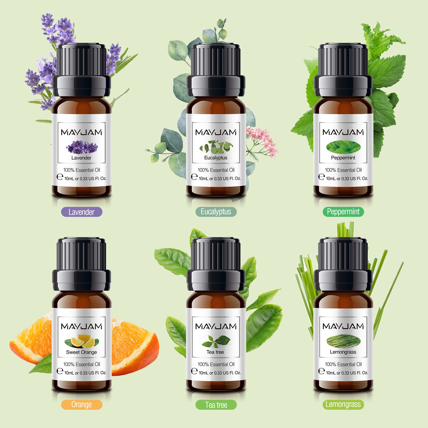 MAYJAM 6PCS Essential Oils Gift Set for Diffuser, Lavender, Eucalyptus, Lemongrass, Peppermint, Tea Tree, Sweet Orange