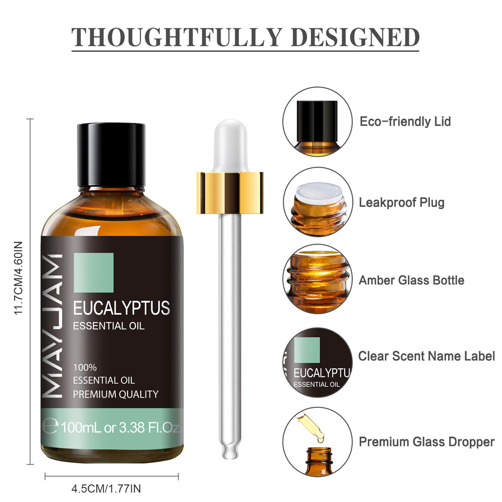 MAYJAM 3.38 Fl Oz Eucalyptus Essential Oil with Glass Dropper, 100% Pure and Natural Eucalyptus Oils for Diffuser, Aromatherapy, Soap and Candle Making