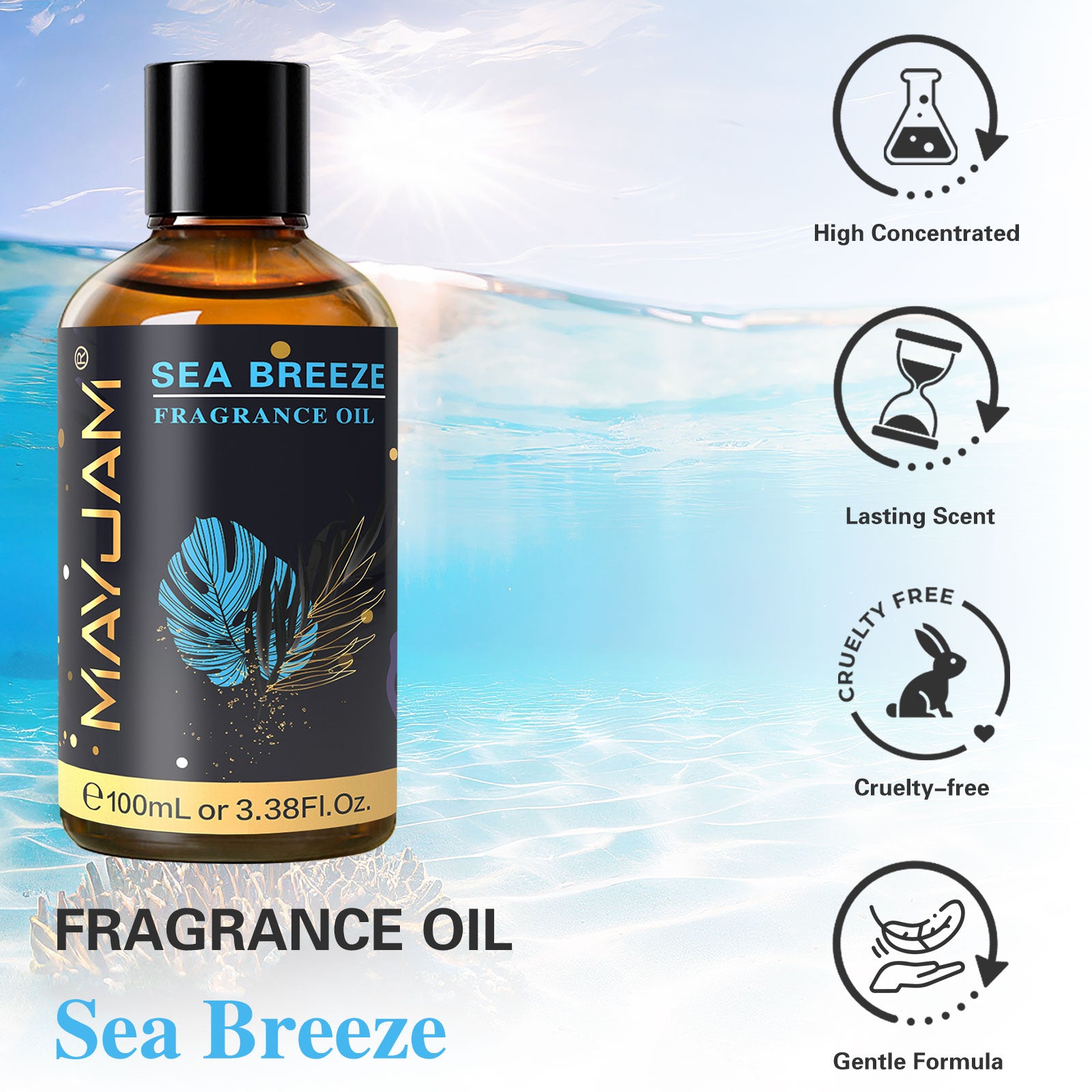 MAYJAM Premium Fragrance Oil, Long-Lasting, Reinvigorating Uplifting Aroma for Aromatherapy, Relaxation & Household Uses. Sea Breeze 3.38oz