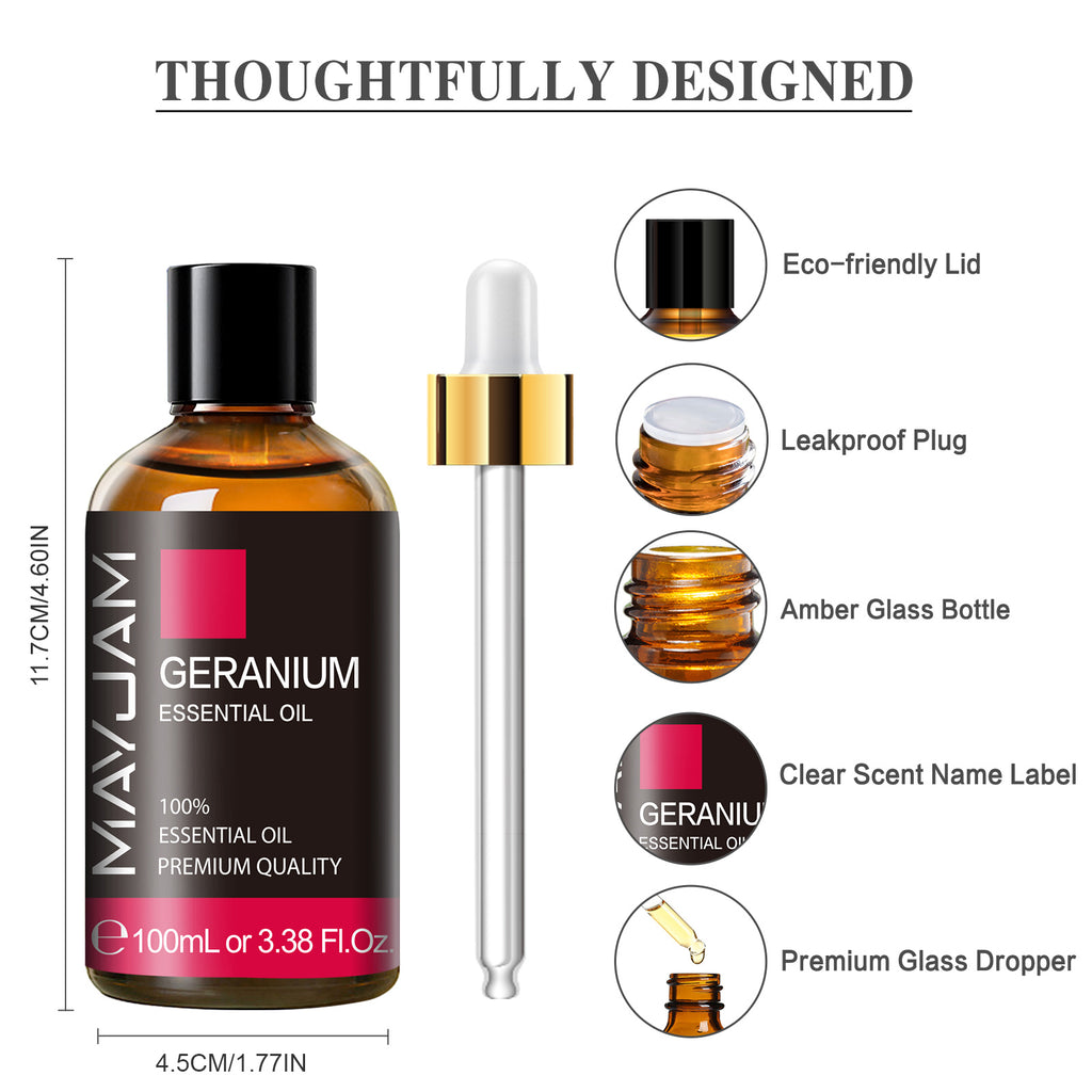 Geranium Essential Oils for Hair, Skin, Diffuser, Aromatherapy, DIY Soap Making Scent, 3.38 Fl Oz