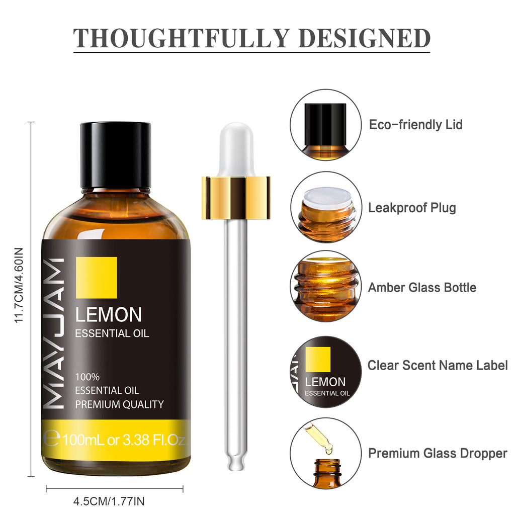 MAYJAM 100ML Essential Oils for Skin, 100% Pure And Natural Lemon Essential Oil, Premium Grade Essential Oils for Diffuser, Aromatherapy, Soap And Candle Making