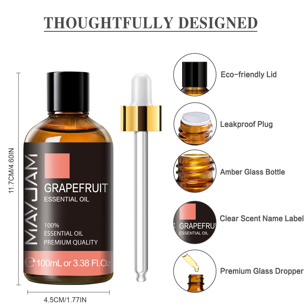 MAYJAM 100% Pure Grapefruit Essential Oil for Emotion, Stress, Diffuser and Aromatherapy, and DIY Soap Making 3.38 Fl Oz