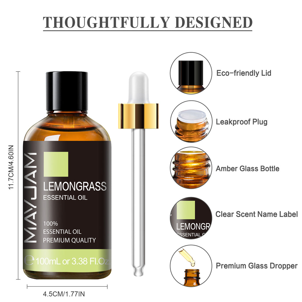 MAYJAM Lemongrass Essential Oil 100% Natural Lemongrass Oil for Hair Care, Home Diffusers, Skin, Aromatherapy, Massage and Humidifiers, 3.38 Fl Oz