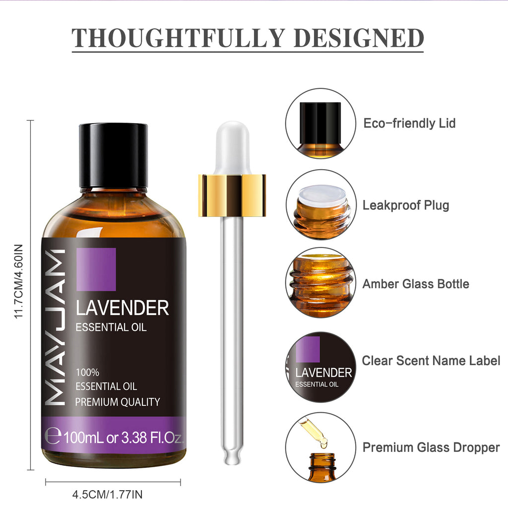 MAYJAM Lavender Essential Oil for Diffuser, 100% Pure And Natural Lavender Essential Oil for Sleep, Body, Aromatherapy & Soap Making Scent (3.38 Fl Oz)