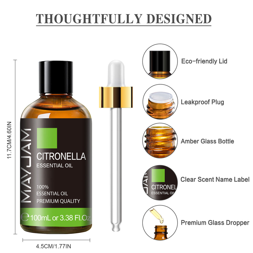 MAYJAM Citronella Essential Oil, 100% Natural Citronella Oil for Diffuser, Hair Care, Face, Skin Care, Aromatherapy, Body Massage, Soap and Candle Making,  3.38 Fl Oz