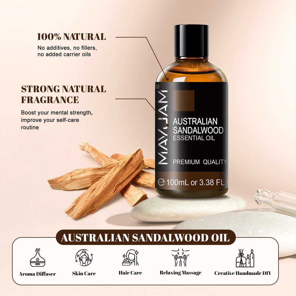 MAYJAM Australian Sandalwood Essential Oil for Diffuser and Aromatherapy, Skin Massage, Candle and Soap Making, 100ml