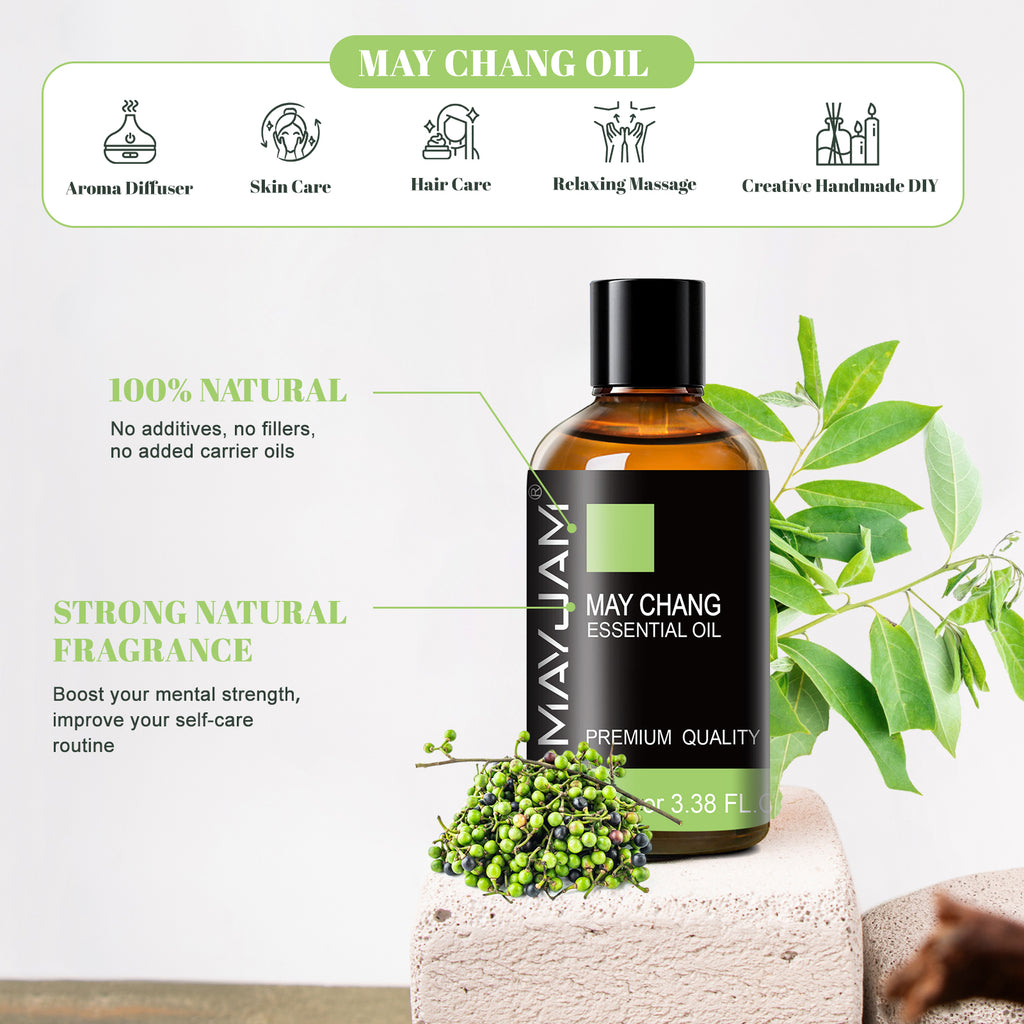 MAYJAM 3.38 Fl Oz May Chang Essential Oils for Diffuser, 100% Pure And Natural May Chang Oil for Skin, Aromatherapy, Soap And Candle Making