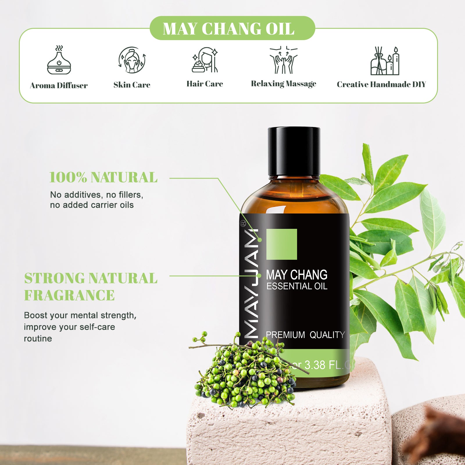 MAYJAM 3.38 Fl Oz May Chang Essential Oils for Diffuser, 100% Pure And Natural May Chang Oil for Skin, Aromatherapy, Soap And Candle Making