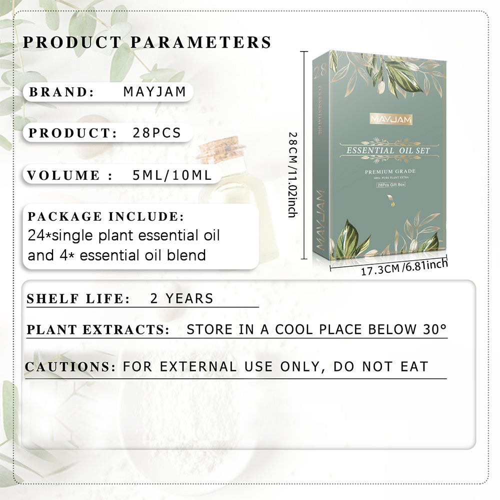 MAYJAM 28pcs Essential Oils Gift Set, Lavender, Jasmine, Organic Aromatherapy Essential Oils for Diffusers for Diffuser for Skin & Hair Care Relaxation, Humidifier