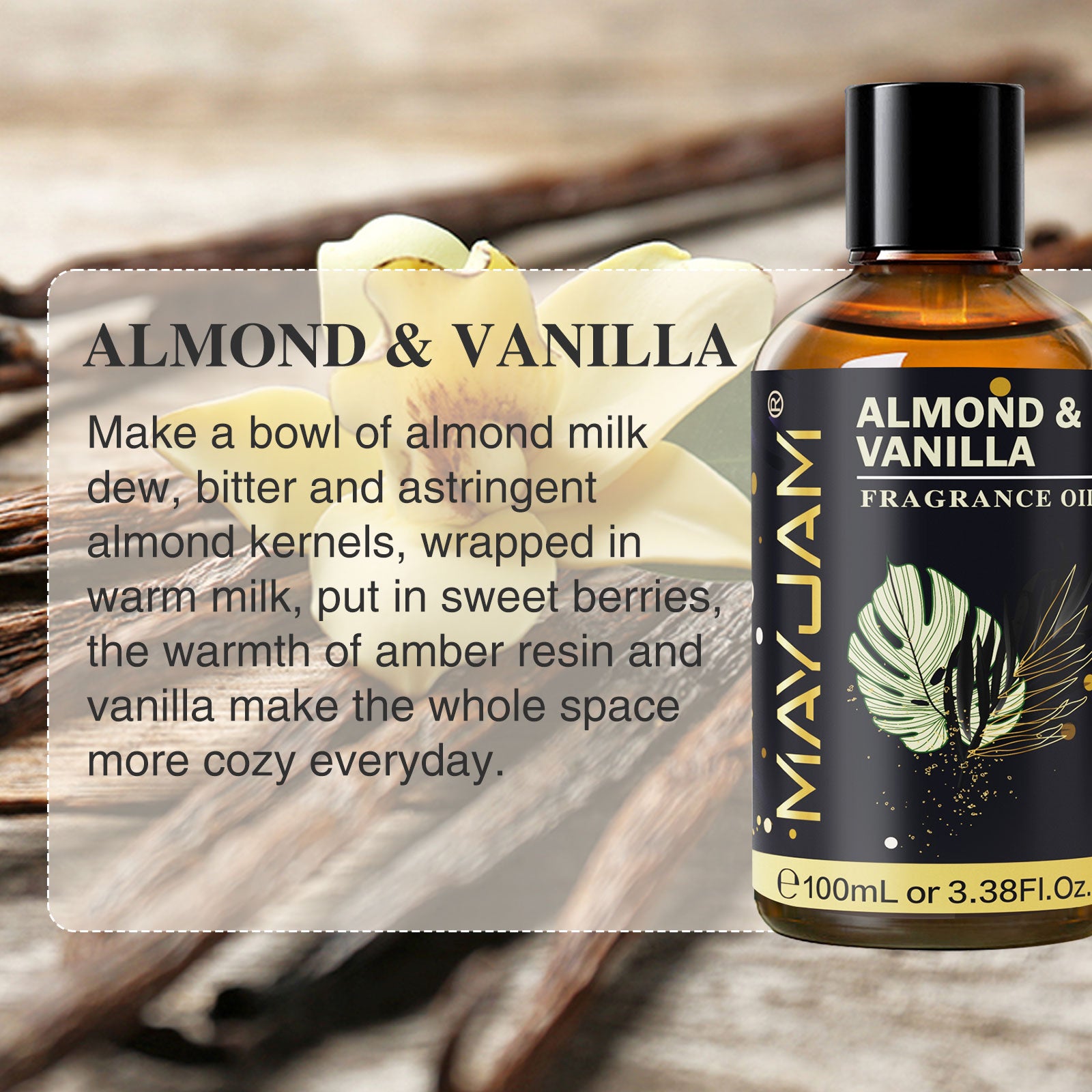 MAYJAM Almond & Vanilla Fragrance Oil (100ml) For Diffusers, Soap Making, Candles, Lotion, Home Scents, Linen Spray, Bath Bombs, Perfume