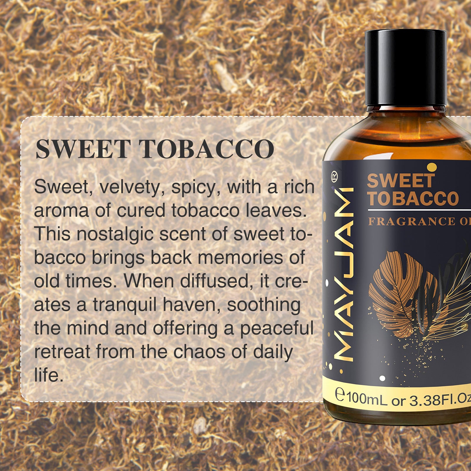 MAYJAM 100ML/3.38FL.OZ Sweet Tobacco Fragrance Oils for Diffusers for Home, Long Lasting Scented Oils for Aromatherapy Diffusers, Skin Care, Bath, Relaxation, DIY Soap Candle Making