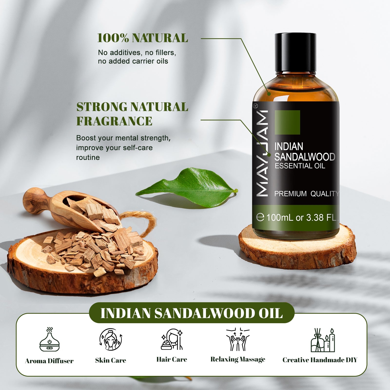 MAYJAM 3.38 Fl Oz Indian Sandalwood Essential Oil 100% Pure and Natural,  Premium Grade Essential Oil for Diffuser and Aromatherapy
