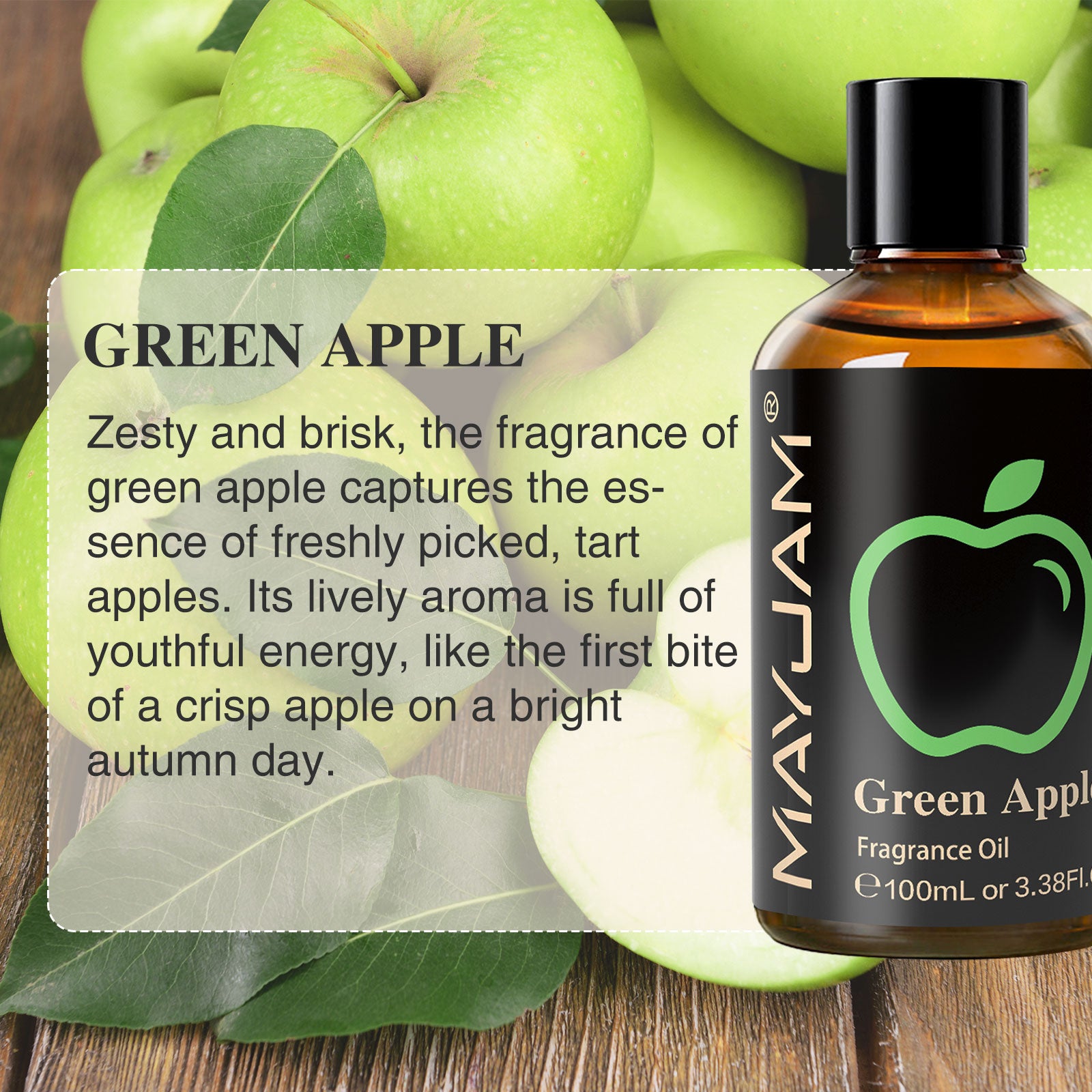 MAYJAM 100ML/3.38FL.OZ Green Apple Fragrance Oils for Diffusers for Home, Long Lasting Scented Oils for Aromatherapy Diffusers, Skin Care, Bath, Relaxation