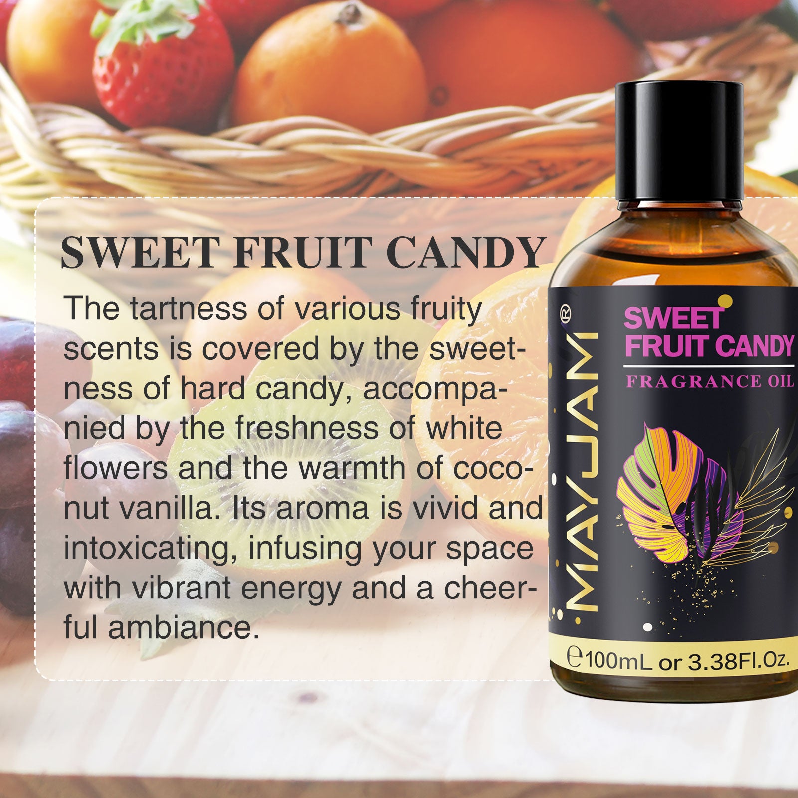 MAYJAM 3.38 Fl Oz Candy Fragrance Oil for Diffusers for Home, Sweet Scent, Perfect for Perfume Making, Soap & Candle Making, Long-Lasting - Sweet Fruit Candy