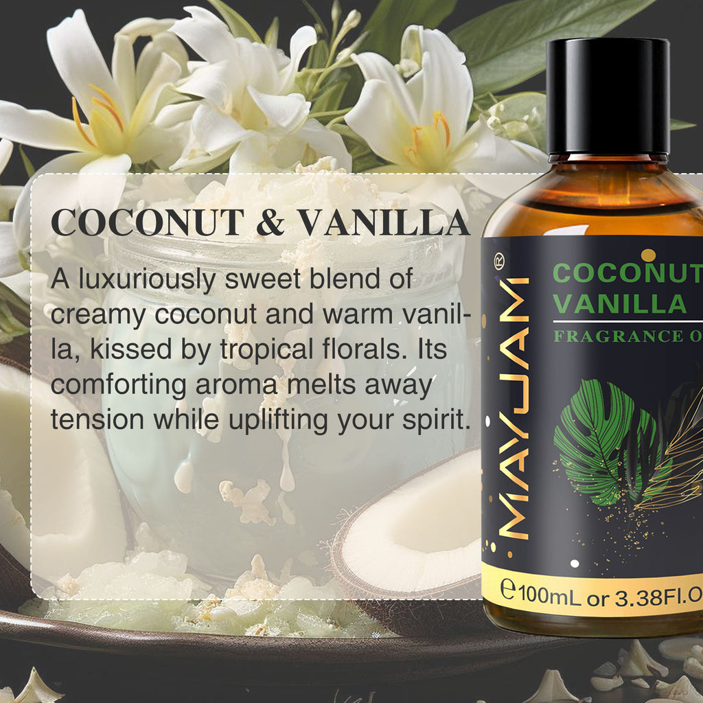 MAYJAM 100ML/3.38FL.OZ Coconut & Vanilla Fragrance Oils for Diffusers for Home, Long Lasting Scented Oils for aromatherapy, Massage, Bath, Relaxation, Soap Candle Making