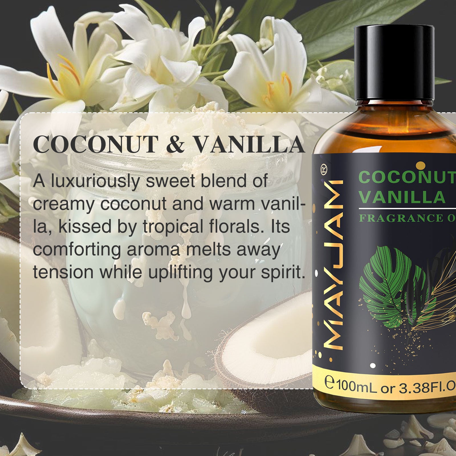 MAYJAM 100ML/3.38FL.OZ Coconut & Vanilla Fragrance Oils for Diffusers for Home, Long Lasting Scented Oils for aromatherapy, Massage, Bath, Relaxation, Soap Candle Making