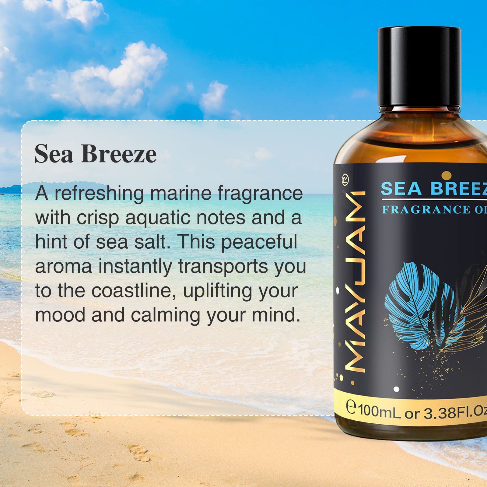 MAYJAM Premium Fragrance Oil, Long-Lasting, Reinvigorating Uplifting Aroma for Aromatherapy, Relaxation & Household Uses. Sea Breeze 3.38oz