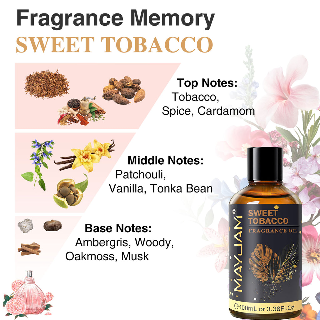 MAYJAM 100ML/3.38FL.OZ Sweet Tobacco Fragrance Oils for Diffusers for Home, Long Lasting Scented Oils for Aromatherapy Diffusers, Skin Care, Bath, Relaxation, DIY Soap Candle Making
